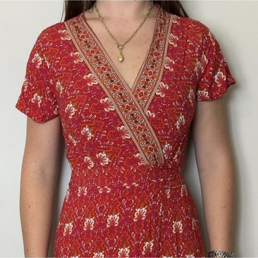 Pretty Garden Medium Red Floral Wrap Tie Maxi Dress Boho V Neck Floral Whimsy.